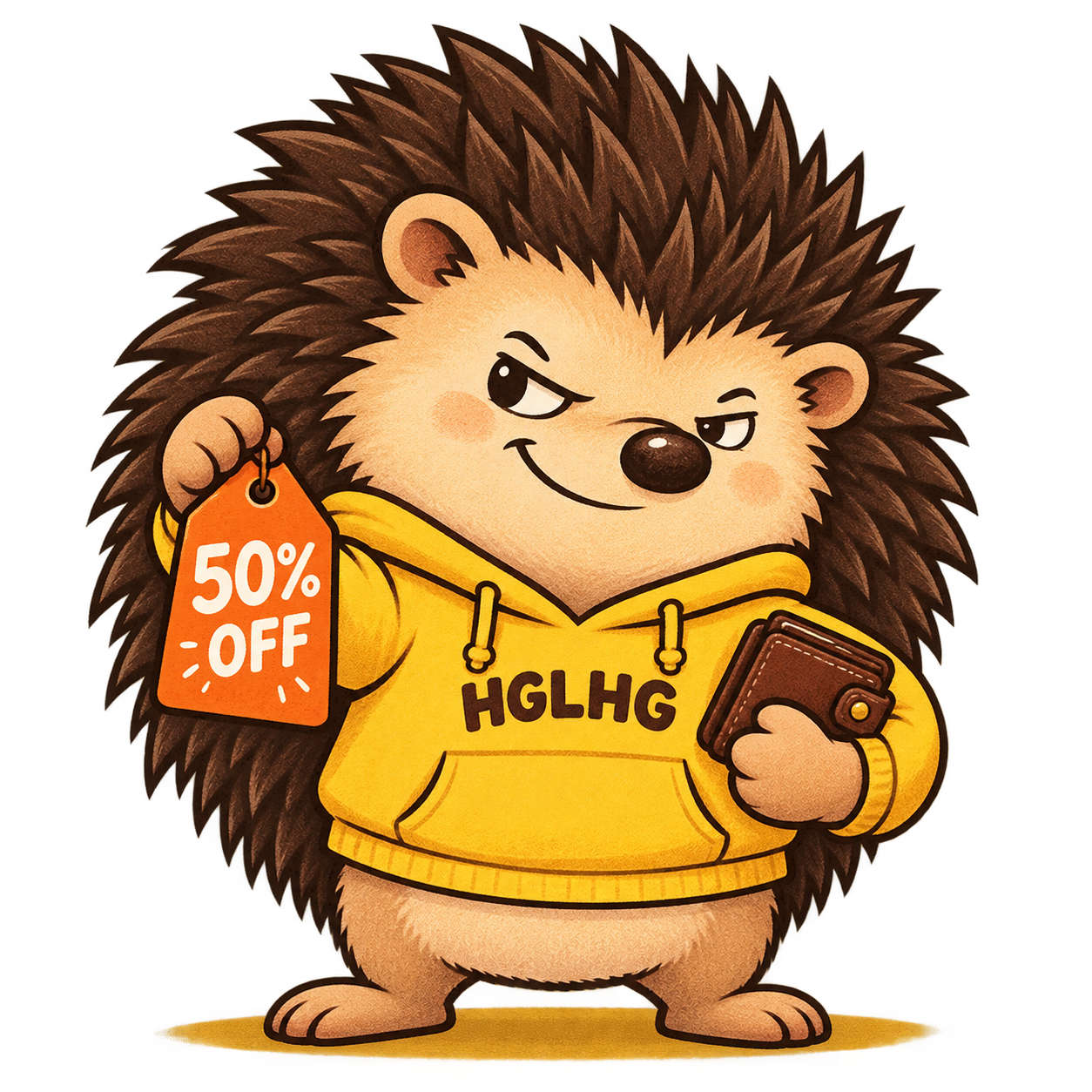 HaggleHog smirking in a yellow HGLHG hoodie, holding a 50% OFF tag and a wallet